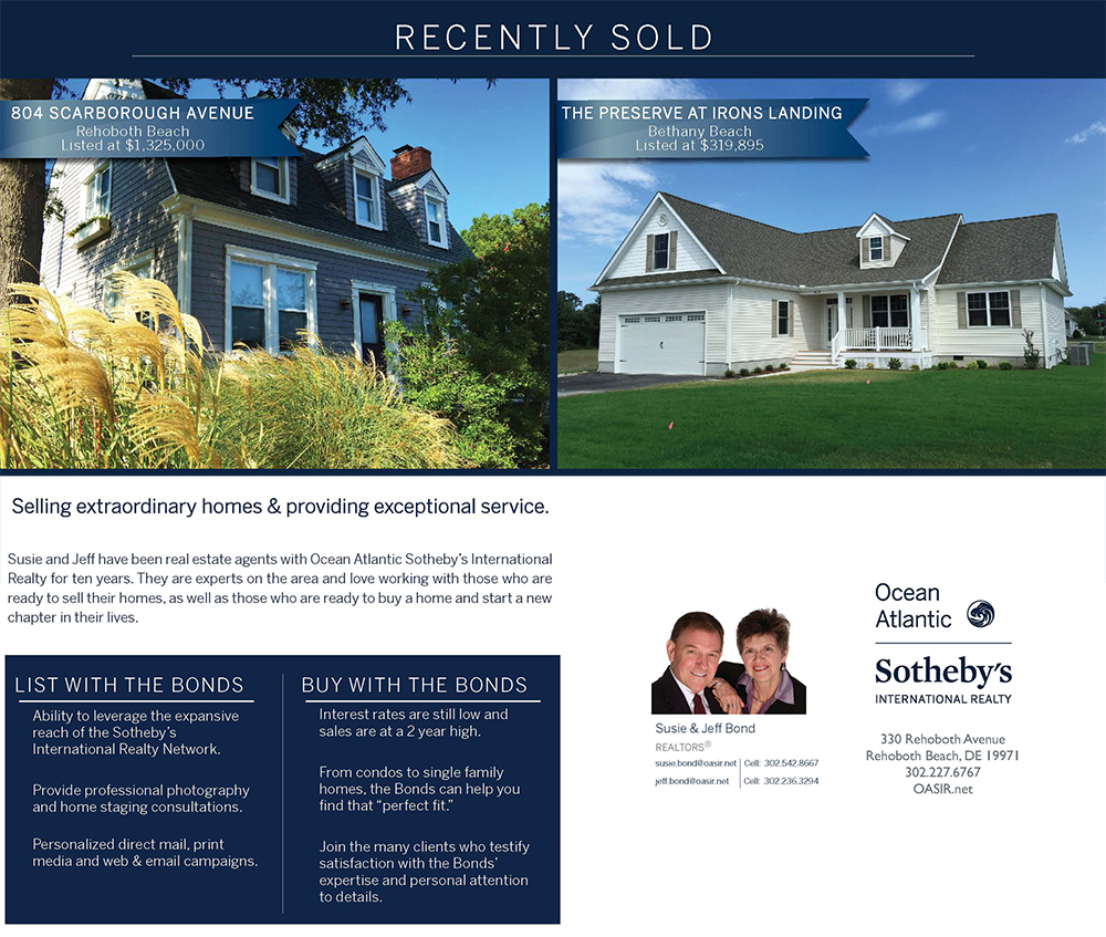 Susie and Jeff Bond celebrate 2 recent real estate sales in Rehoboth Beach and Bethany Beach, Delaware